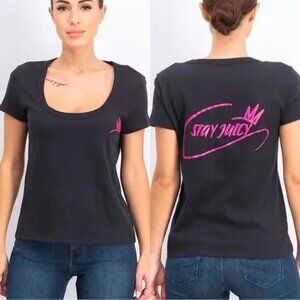 NWT Y2K Juicy Couture Black "Stay Juicy" Logo Fitted Baby Tee T-Shirt - Medium